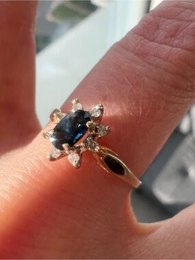 14k Solid Gold Sapphire and Diamond Petal Halo Ring